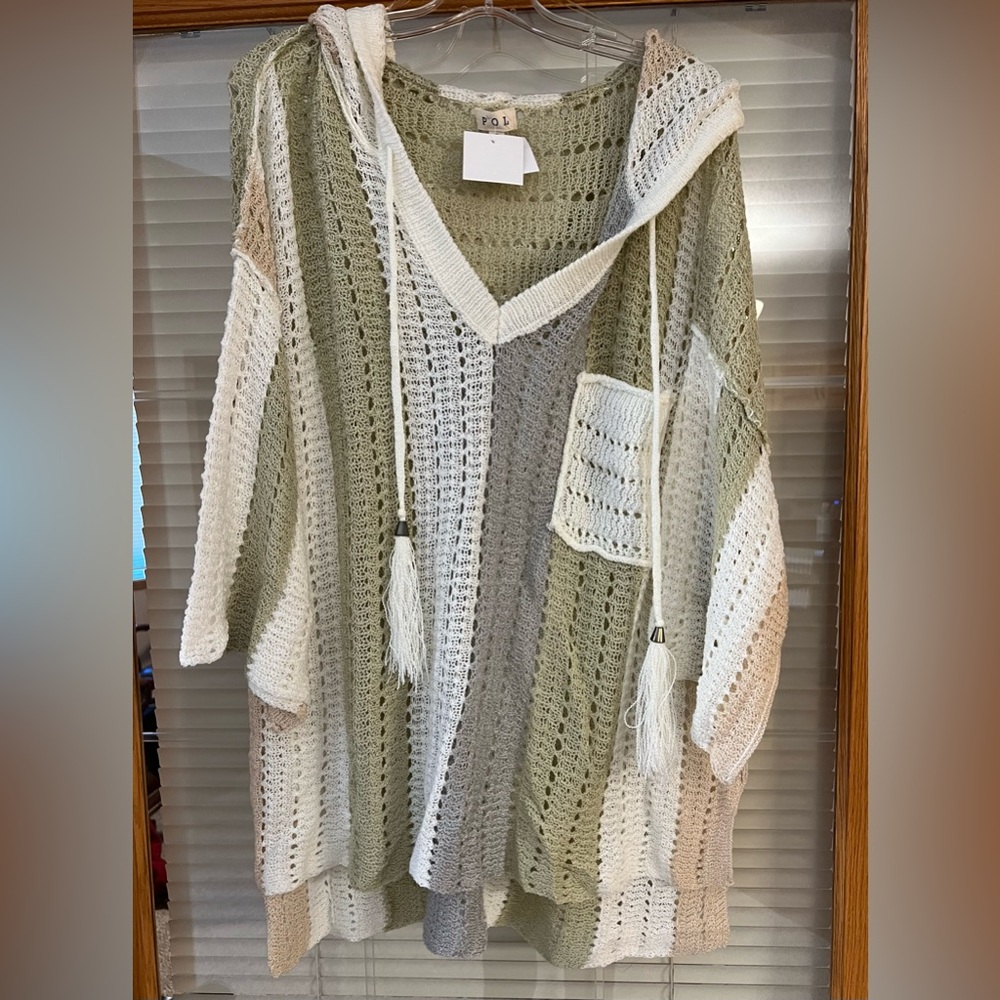 NWT POL Crochet Hooded V-Neck Coverup Sweater